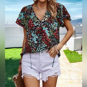 SHEIN Ditsy Floral Print Tie Neck Butterfly Sleeve Blouse size Large